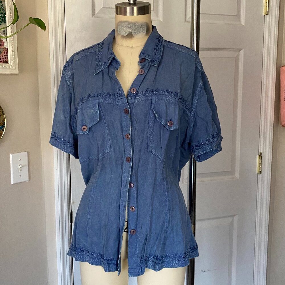 VINTAGE 1990s SMART CC Blue Denim Wash Classic Button Down Shirt *X-LARGE*